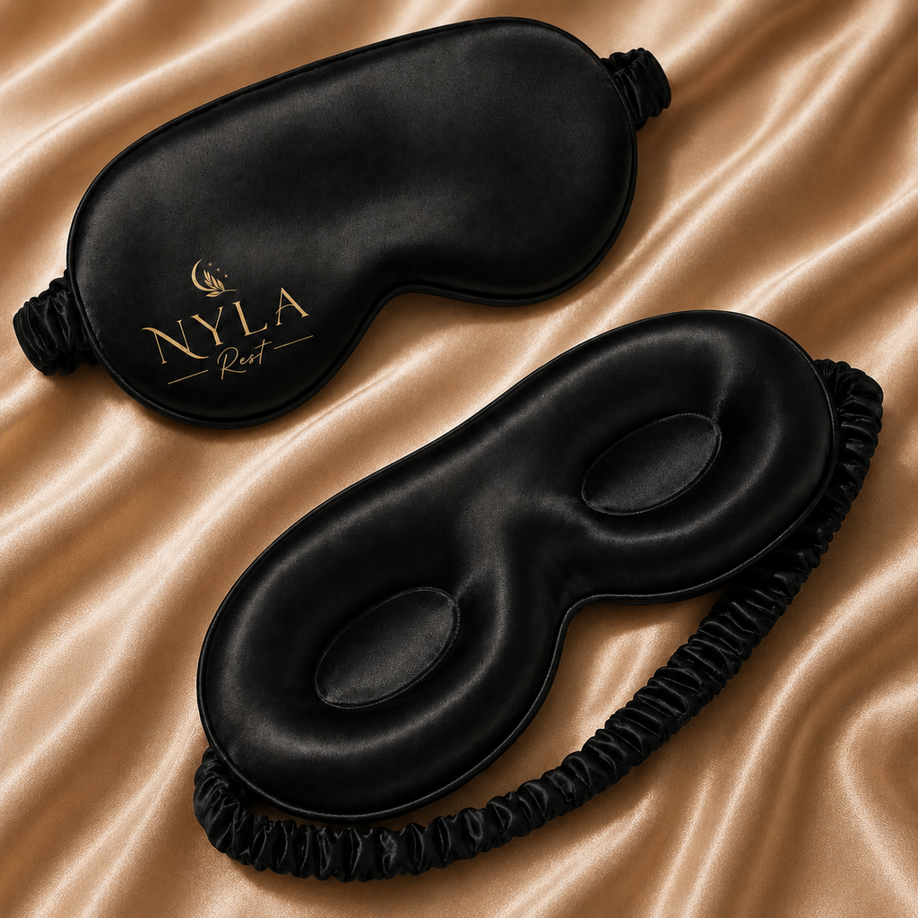 Two black silk eye masks on a beige fabric background, with Nyla Rest branding.