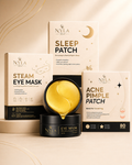 Nyla Rest Rest and Refresh Ritual Set with steam eye mask, sleep patches, acne patches and under eye masks.