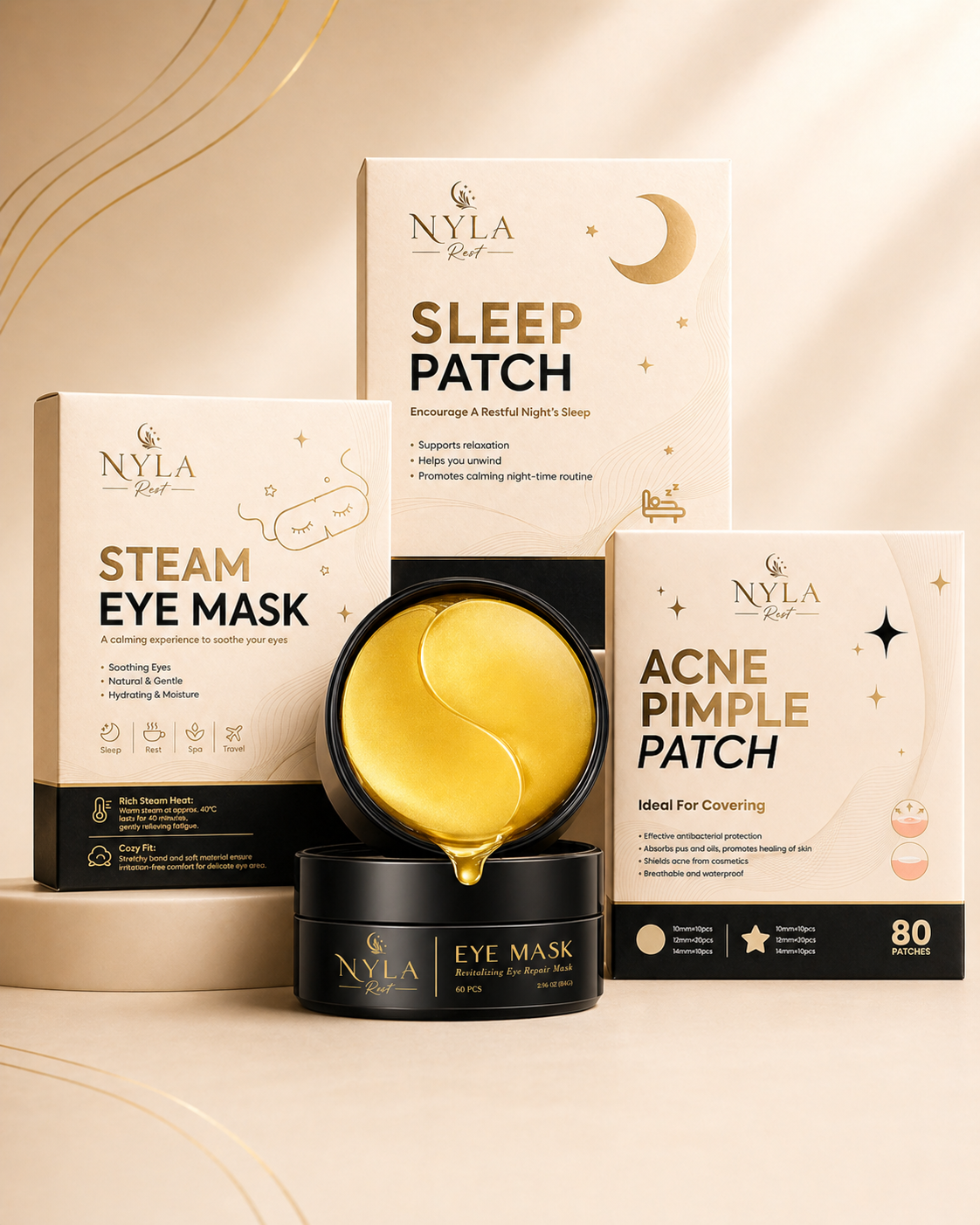 Nyla Rest Rest and Refresh Ritual Set with steam eye mask, sleep patches, acne patches and under eye masks.