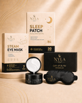 Nyla Rest luxury night ritual set with steam eye mask, sleep patches, under eye masks and silk sleep mask on a beige background