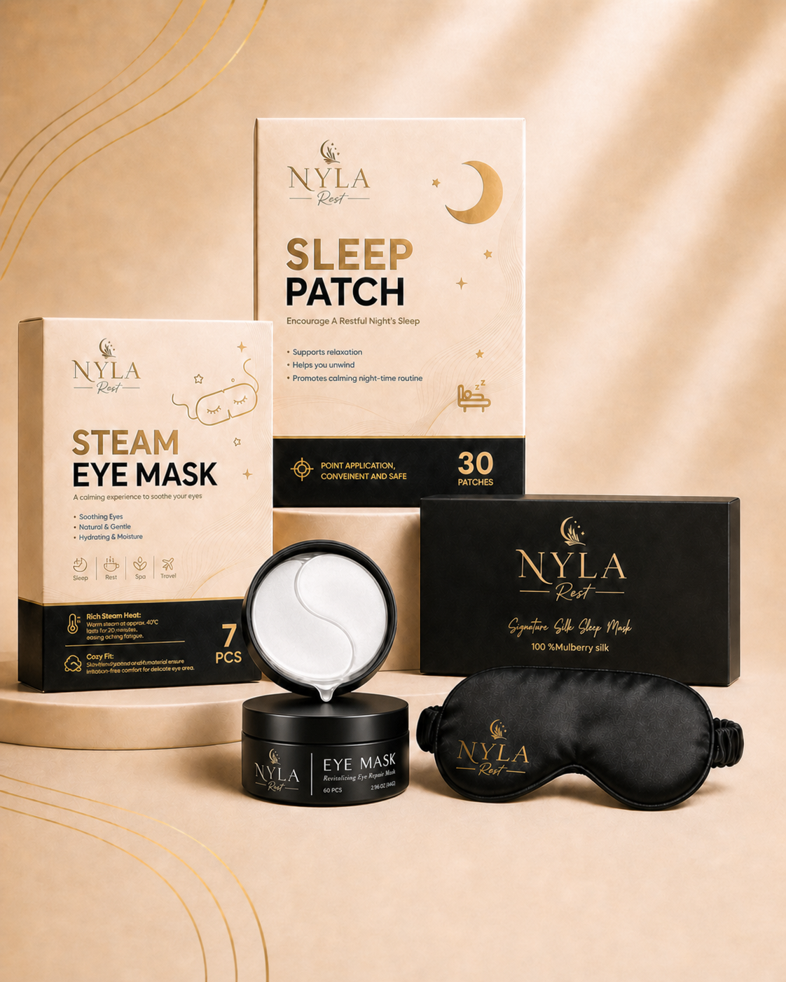 Nyla Rest luxury night ritual set with steam eye mask, sleep patches, under eye masks and silk sleep mask on a beige background