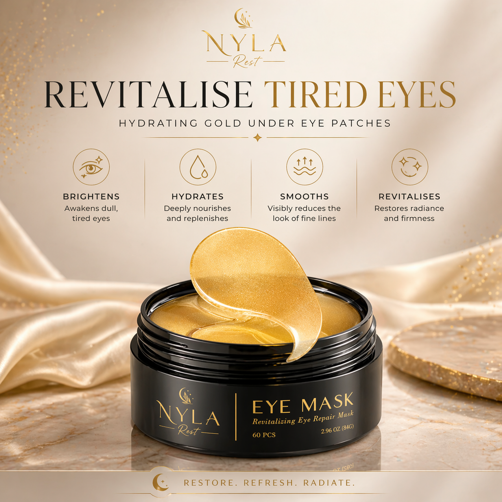 Nyla Rest eye mask packaging with gold eye patches on a beige background