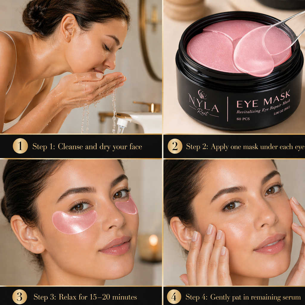 Step-by-step guide on applying eye masks with Nyla Rest product display.