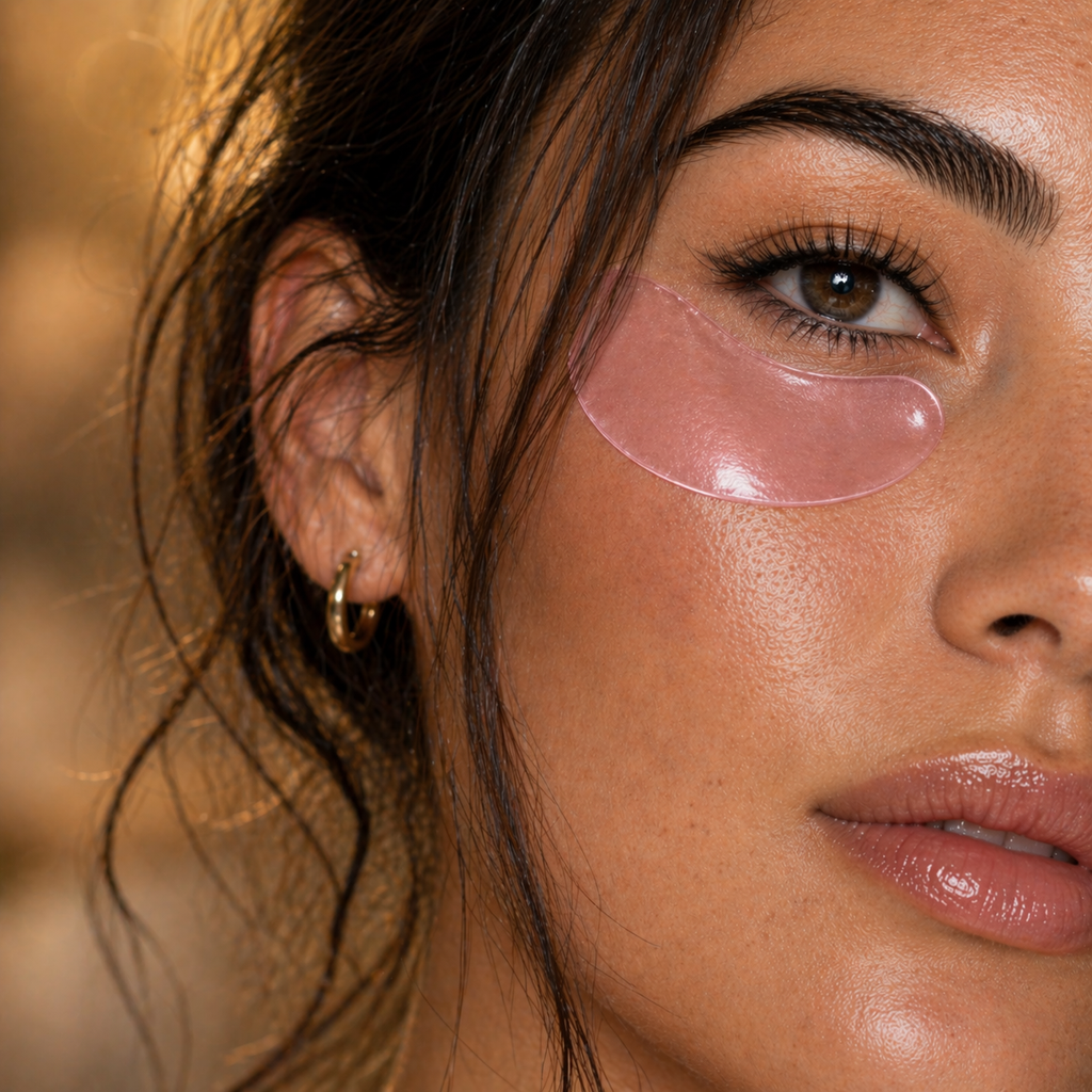 Close-up of a woman's face with pink eye patches, blurred background