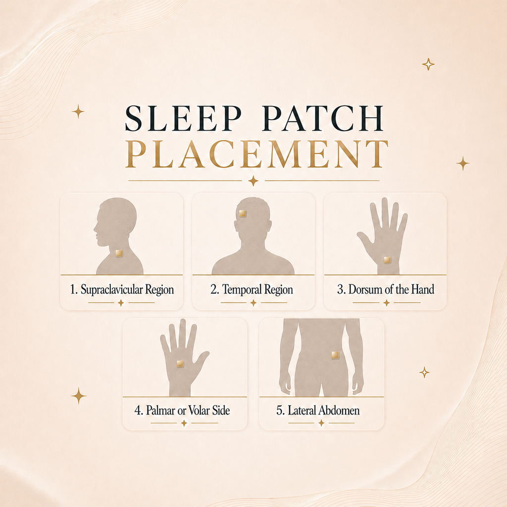 Sleep patch placement guide with illustrations of body parts on a beige background