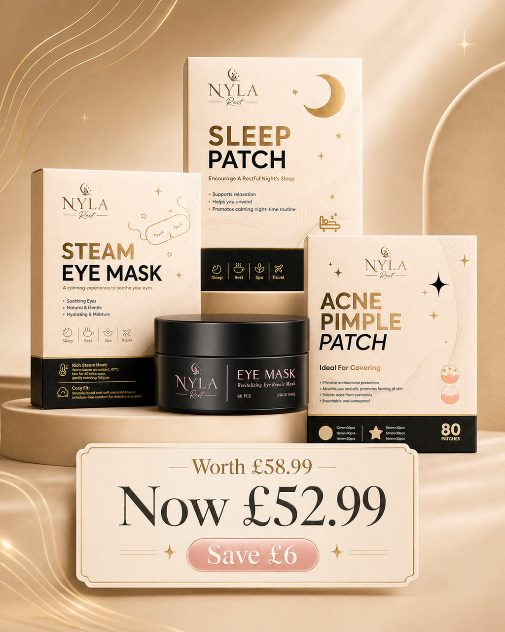 Nyla Rest Rest and Refresh Ritual Set with steam eye mask, sleep patches, acne patches and under eye masks price tag