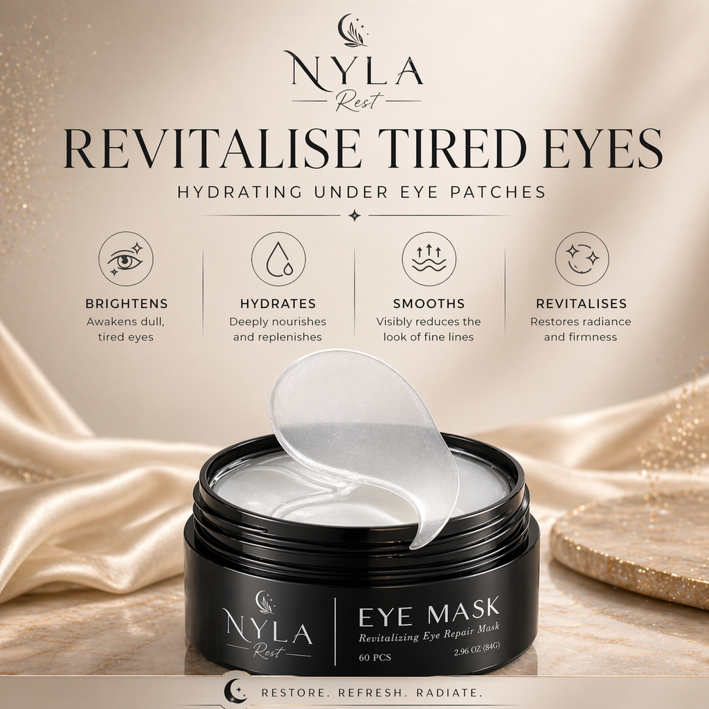 Nyla Rest eye mask packaging with product and benefits on a beige background