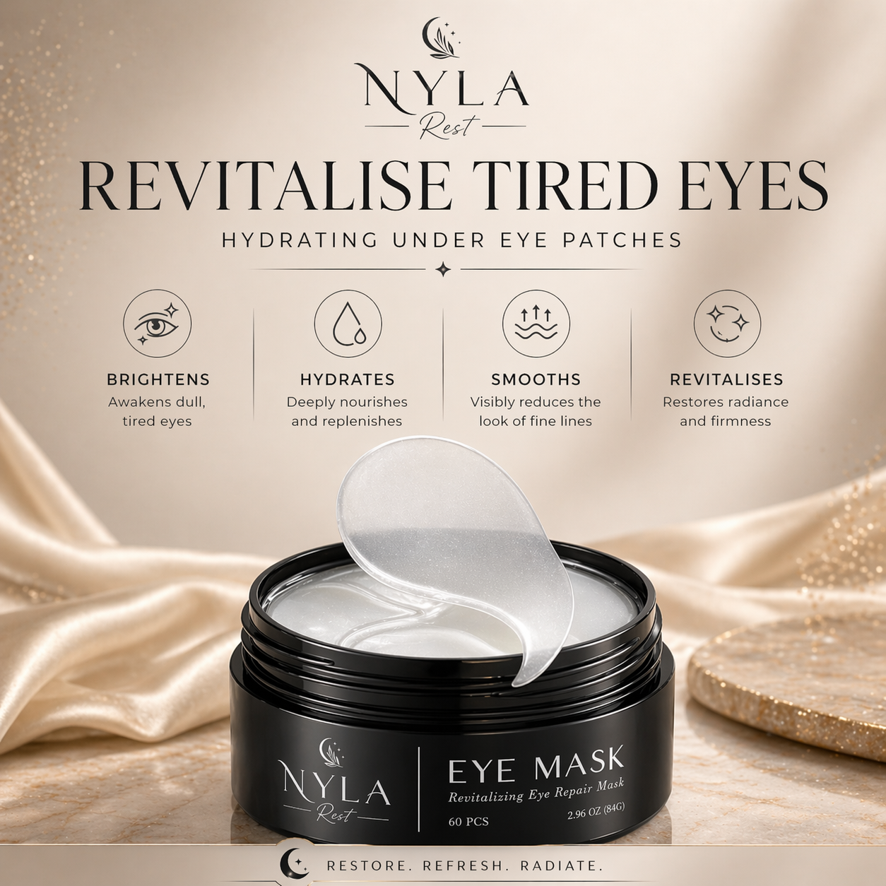 Nyla Rest eye mask packaging with product and benefits on a beige background