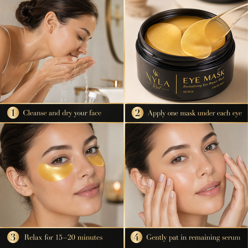 Collage of a woman applying eye masks with Under Nyla Eye Mask and usage instructions.