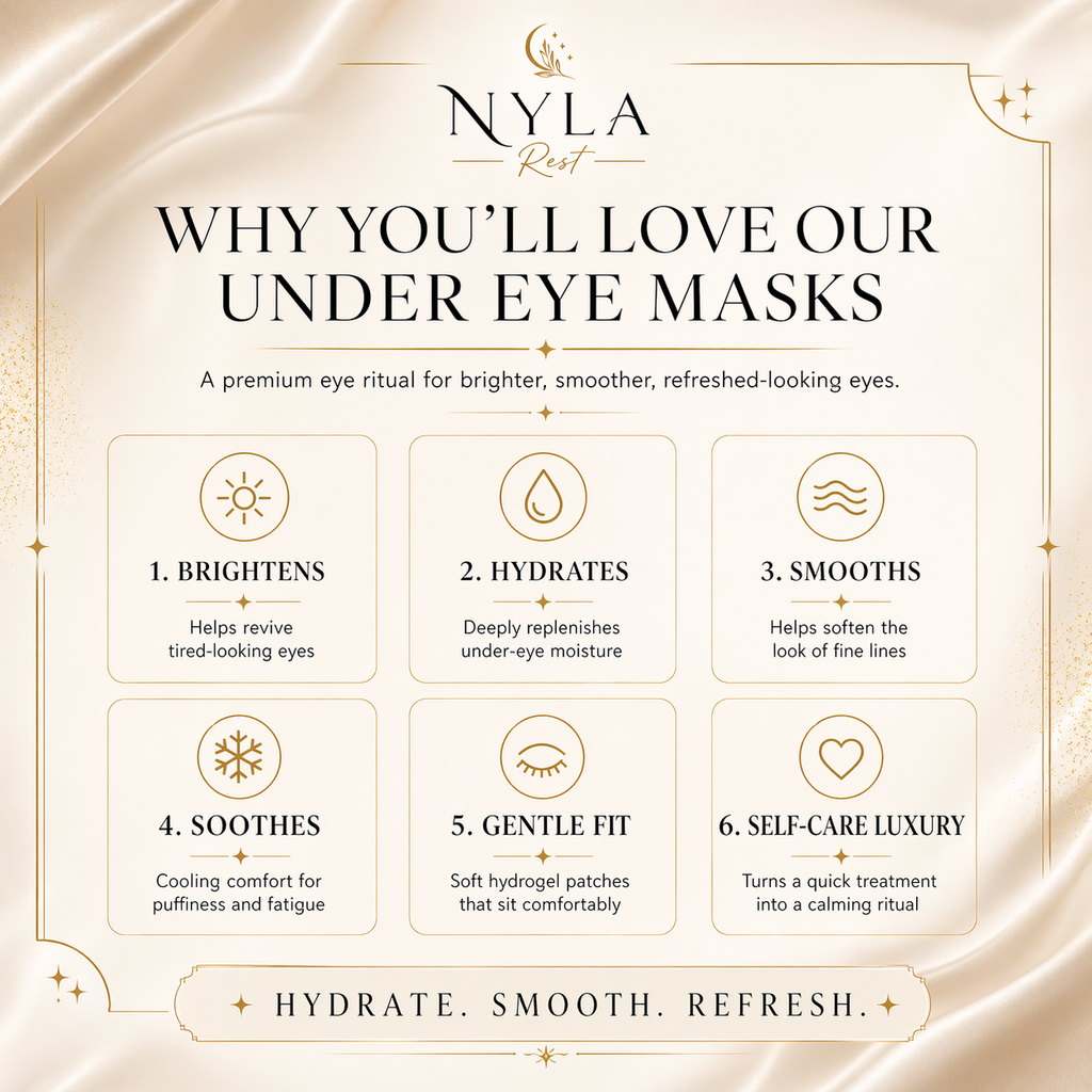 Advertisement for Nyla Rest under eye masks with benefits listed on a beige background.
