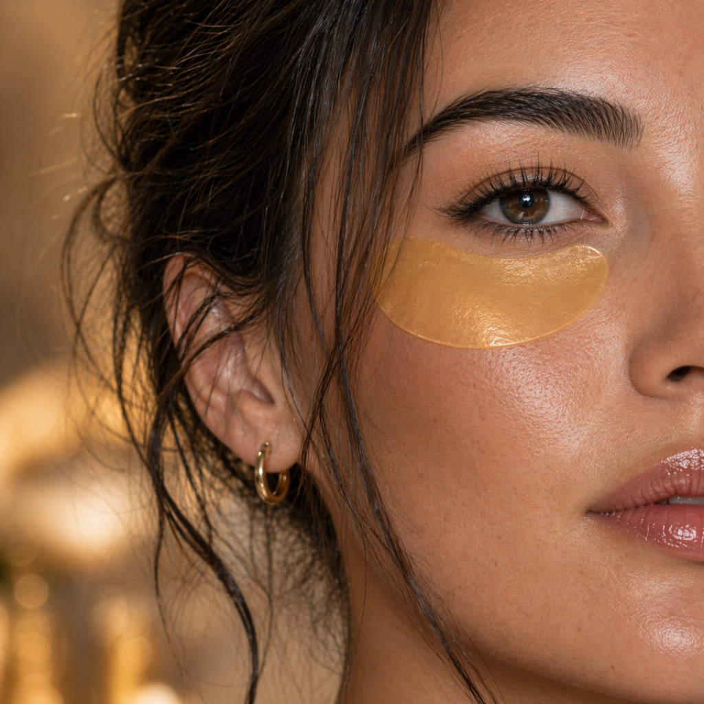 Close-up of a woman's face with gold eye patches, blurred background