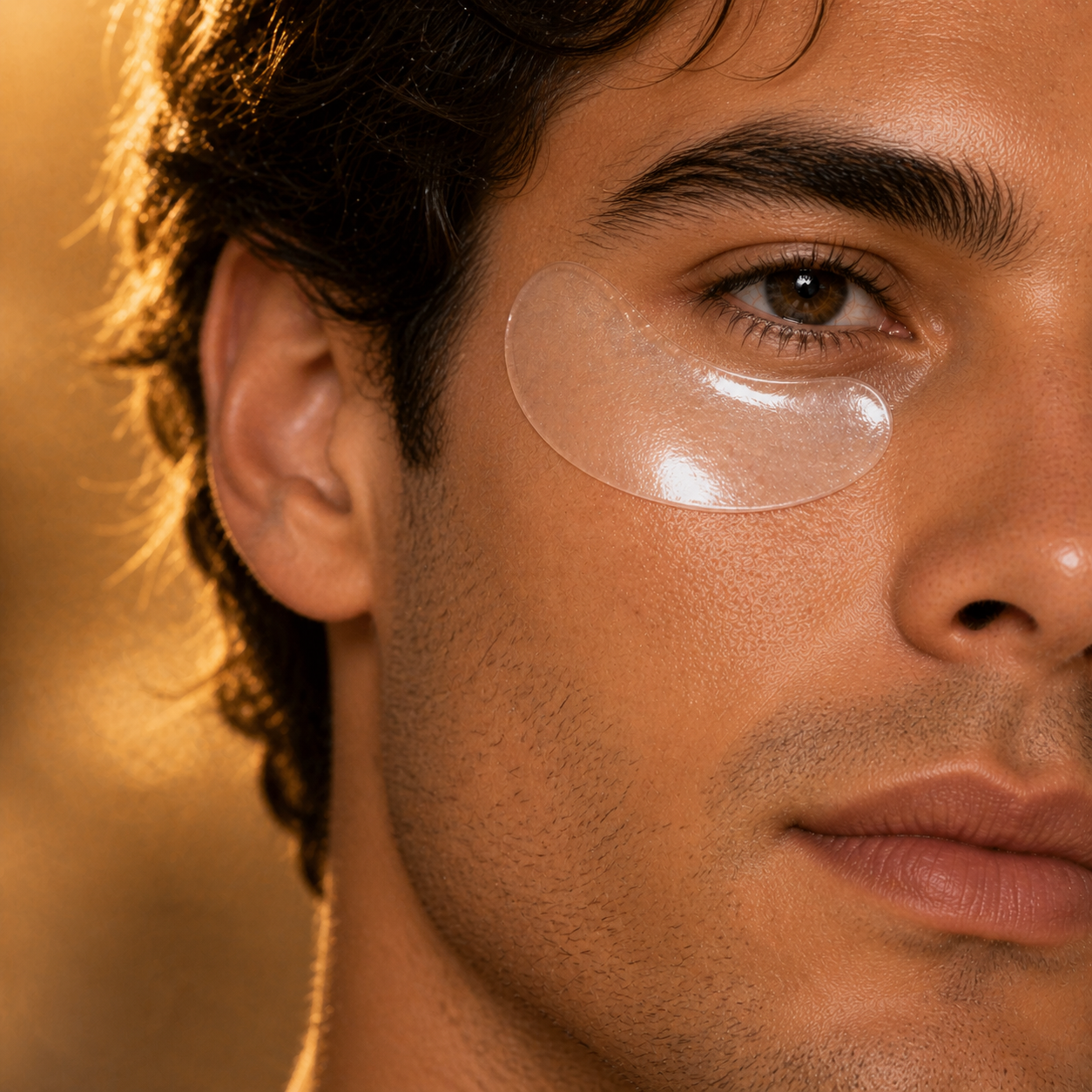 Close-up of a man's face with eye patches on a warm-toned background