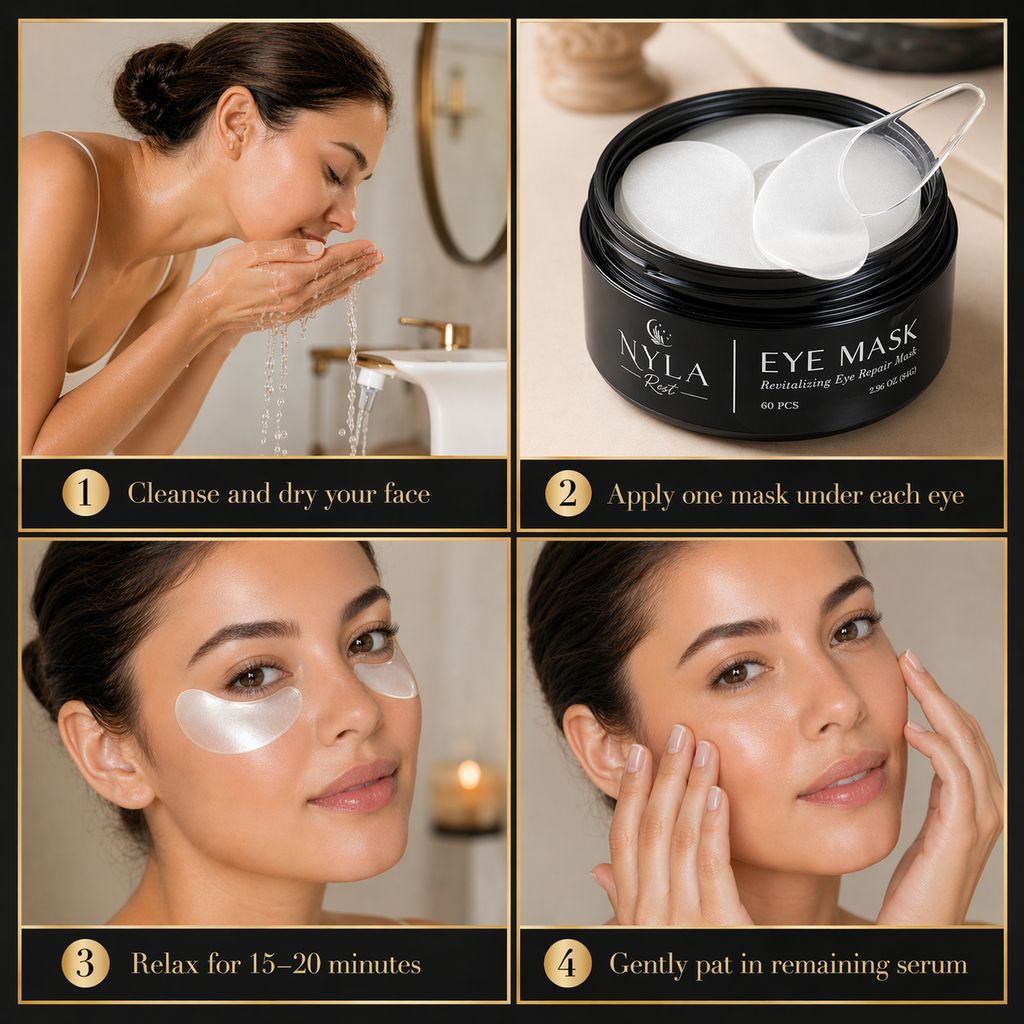 Nyla eye mask packaging with usage instructions and model application.