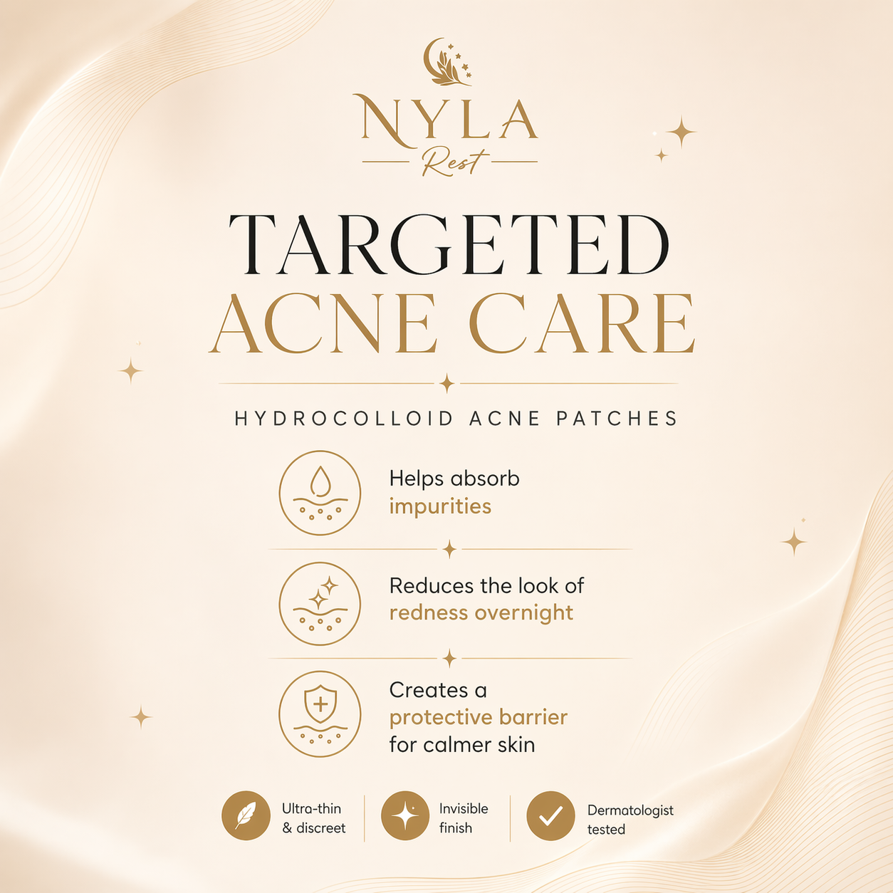 Nyla Rest targeted acne care product description on a beige background