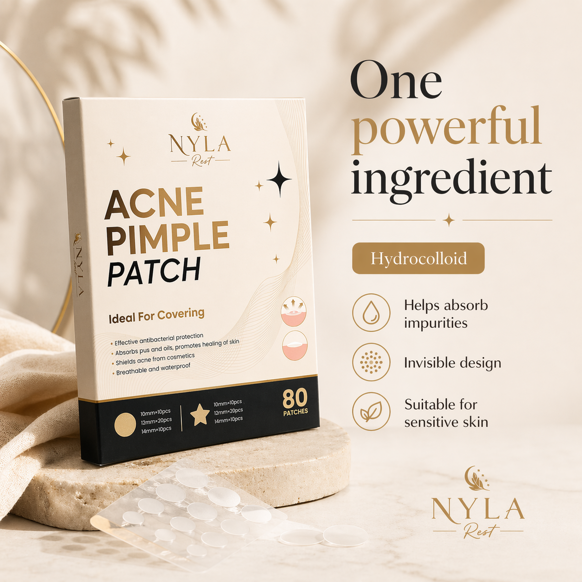 Nyla Rest Hydrocolloid Pimple Patches material and ingredient graphic showing salicylic hydrocolloid composition