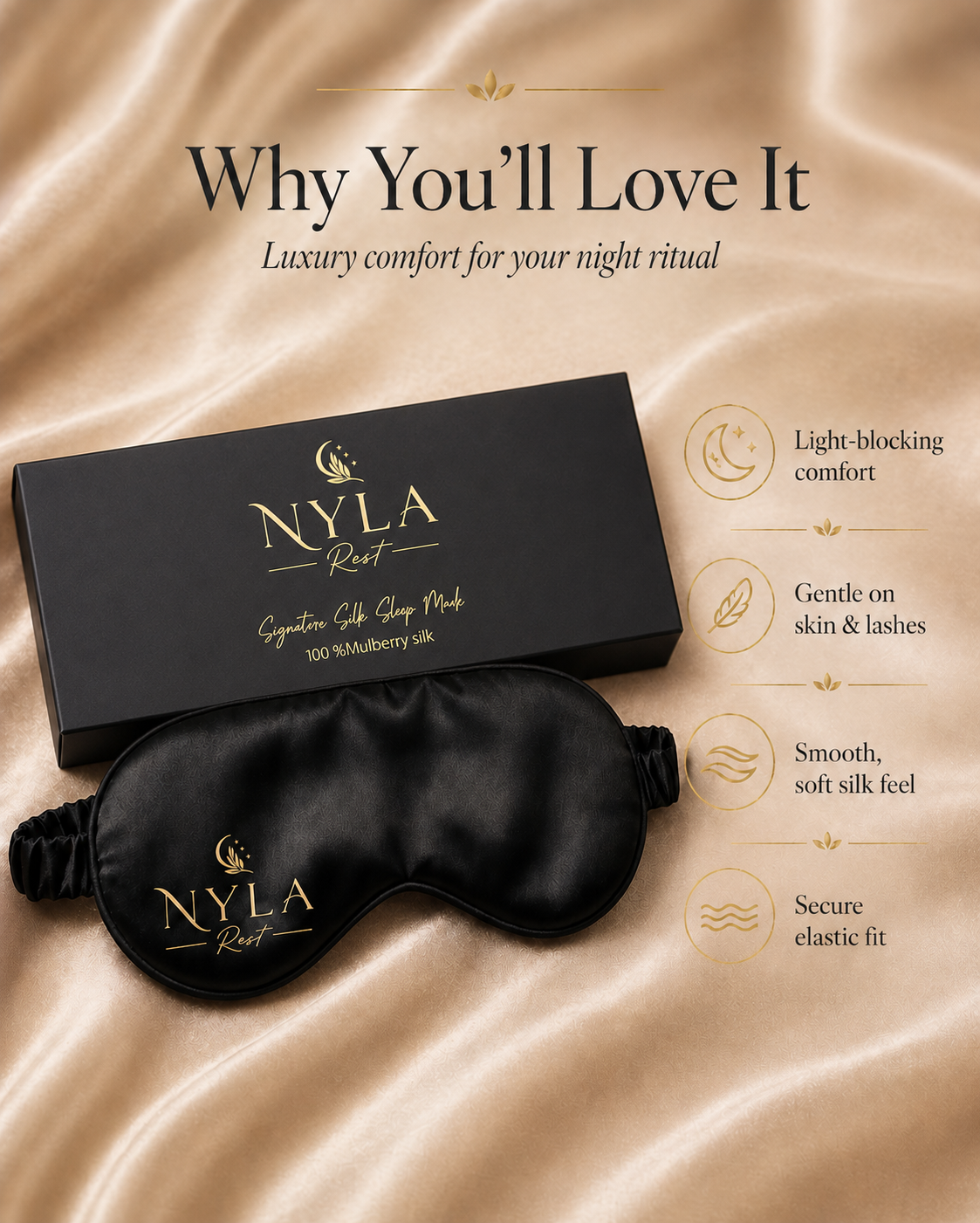 Premium 3D Silk Sleeping Mask - 100% Mulberry Silk benefits image