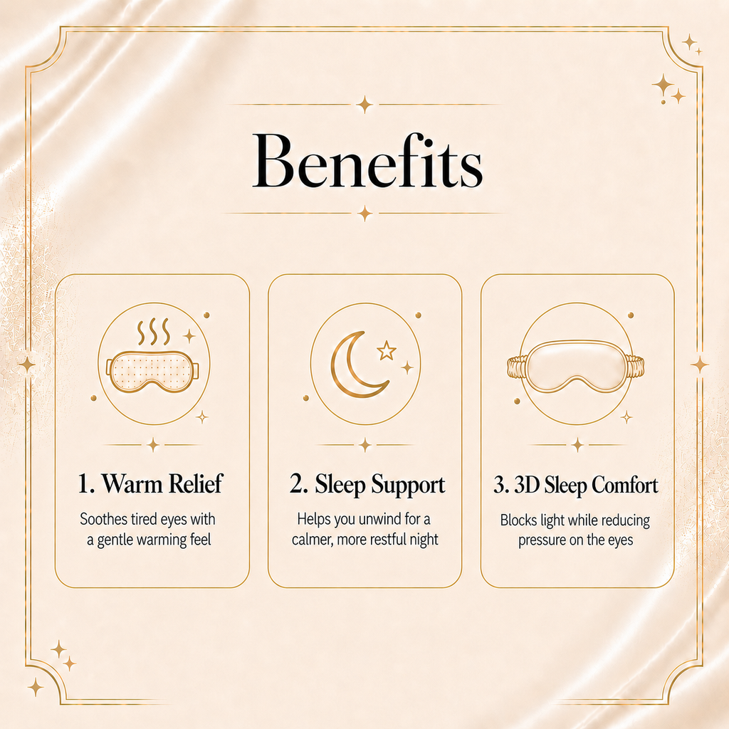 Nyla Rest Deep Rest benefits with steam eye mask, sleep patches and 3D silk sleep mask.