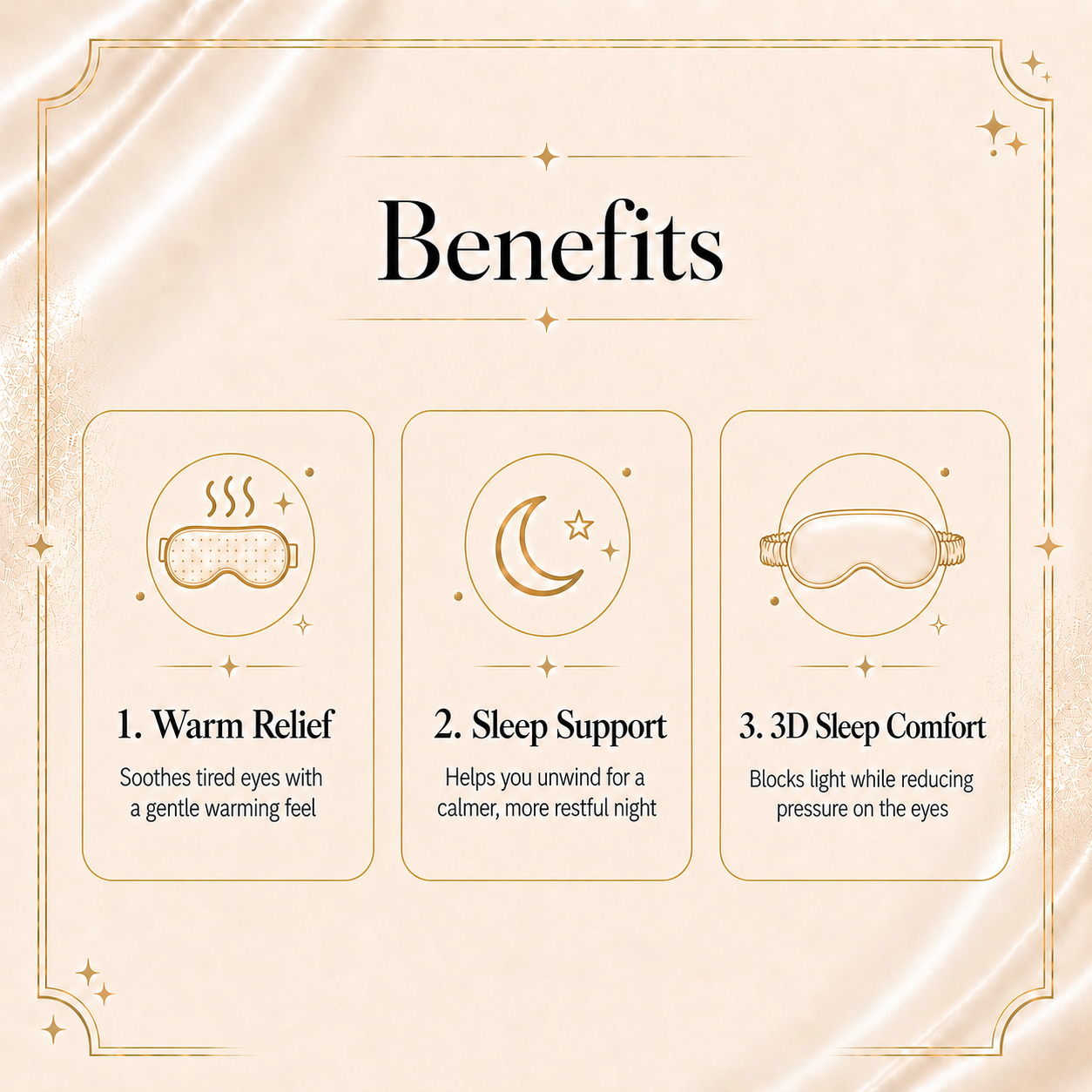 Nyla Rest Deep Rest benefits with steam eye mask, sleep patches and 3D silk sleep mask.