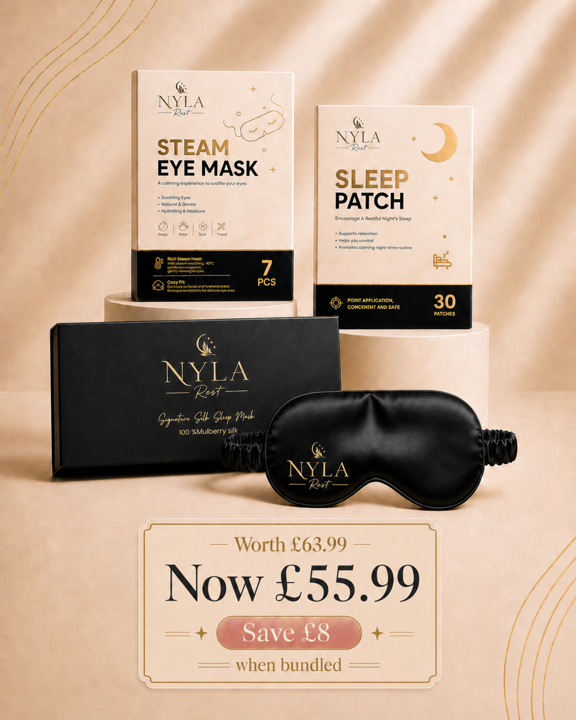 Nyla Rest Deep Rest sleep set with silk sleep mask, steam eye mask and sleep patches on a beige background with price tag