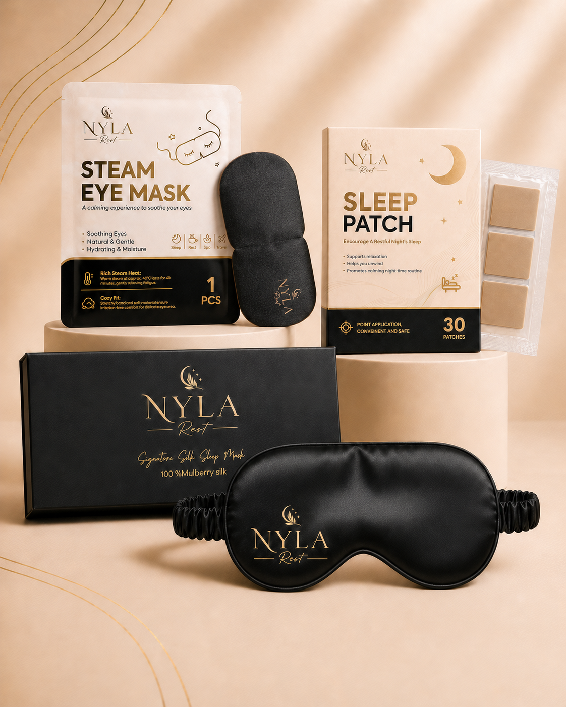 Nyla Rest Deep Rest sleep set with silk sleep mask, steam eye mask and sleep patches on a beige background.