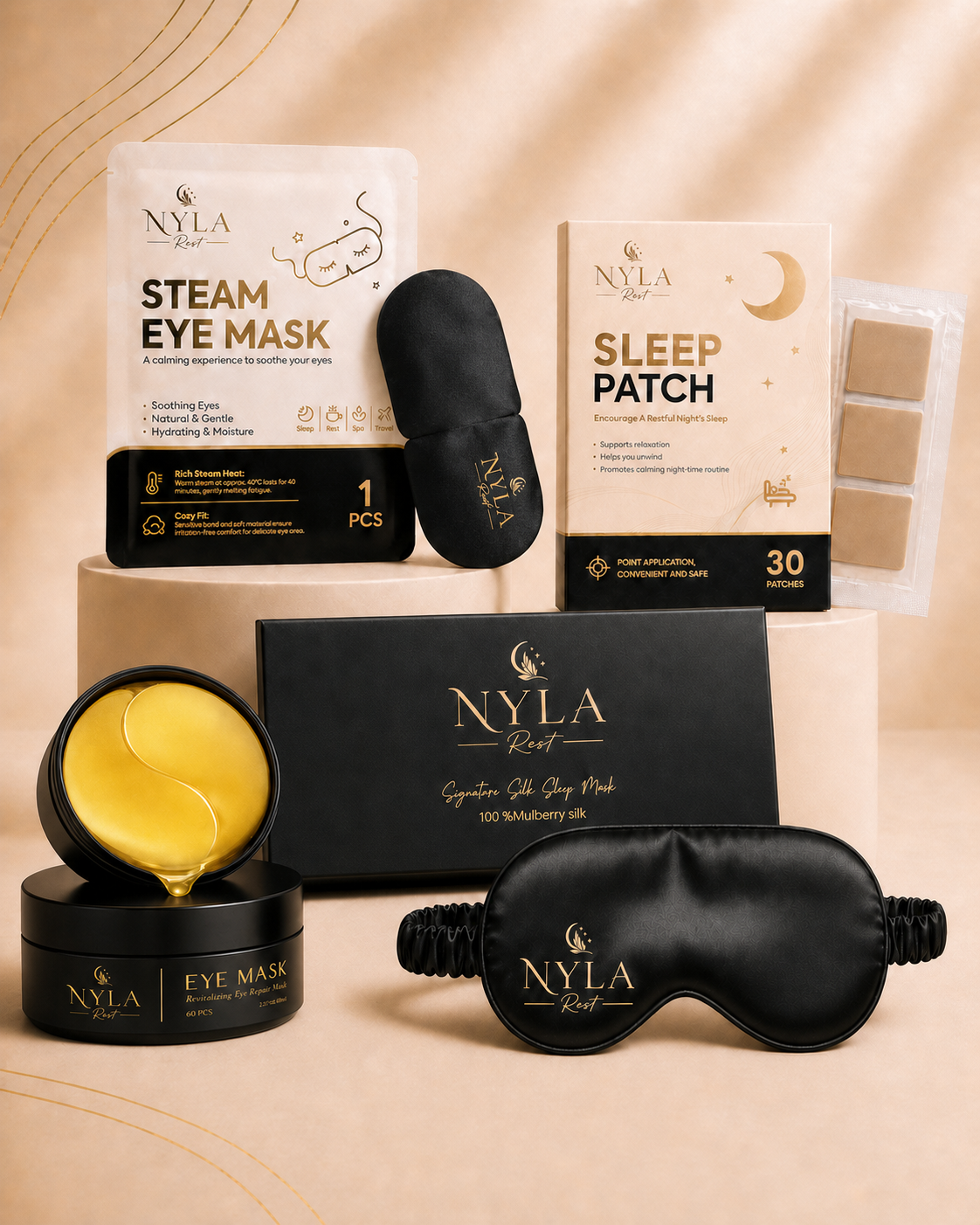 Nyla steam mask, silk mask, eye mask and sleep patch products show cased on a beige background.