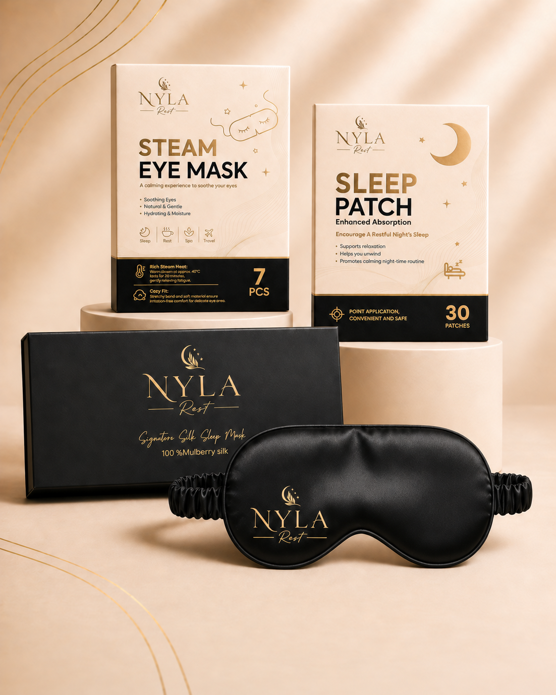 NYLA Rest eye mask and sleep patch set displayed on a warm beige background. The set includes a black sleep mask with gold branding, a black gift box, a cream and black Steam Eye Mask box, and a cream and black Sleep Patch box.