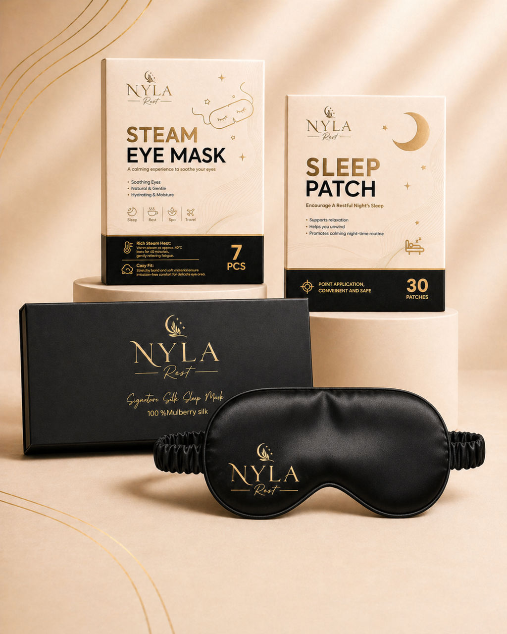 Nyla Rest Deep Rest sleep set with silk sleep mask, steam eye mask and sleep patches on a beige background.