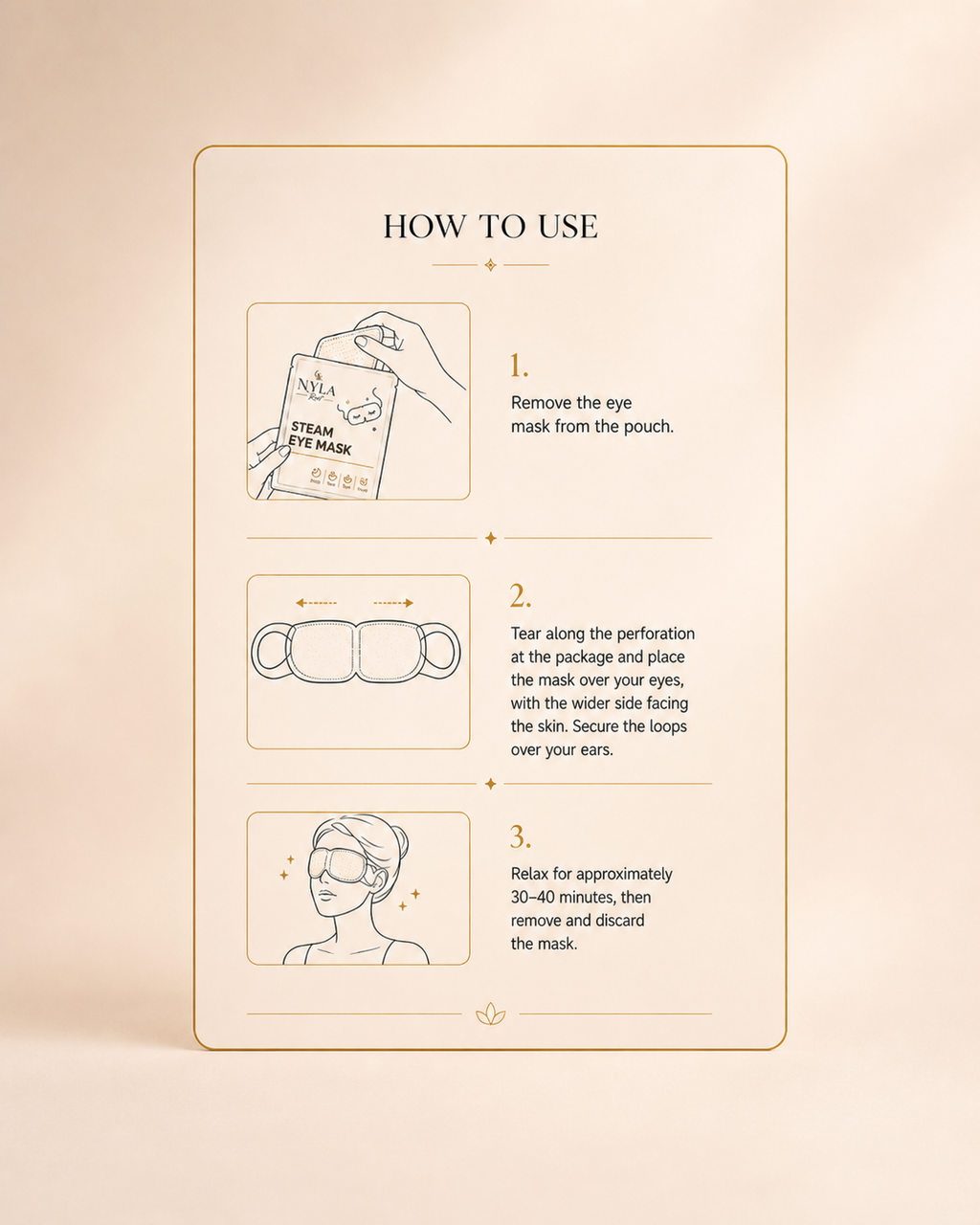 Instructions for using a steam eye mask on a beige background