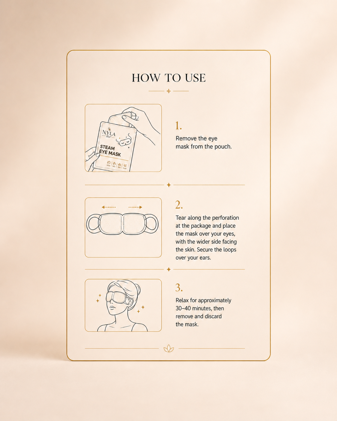 Instructions for using a steam eye mask on a beige background