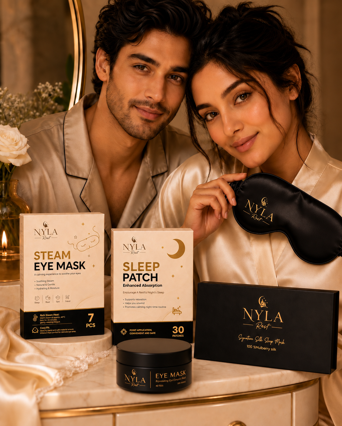 A man and woman in satin pajamas pose beside Nyla Rest sleep care products