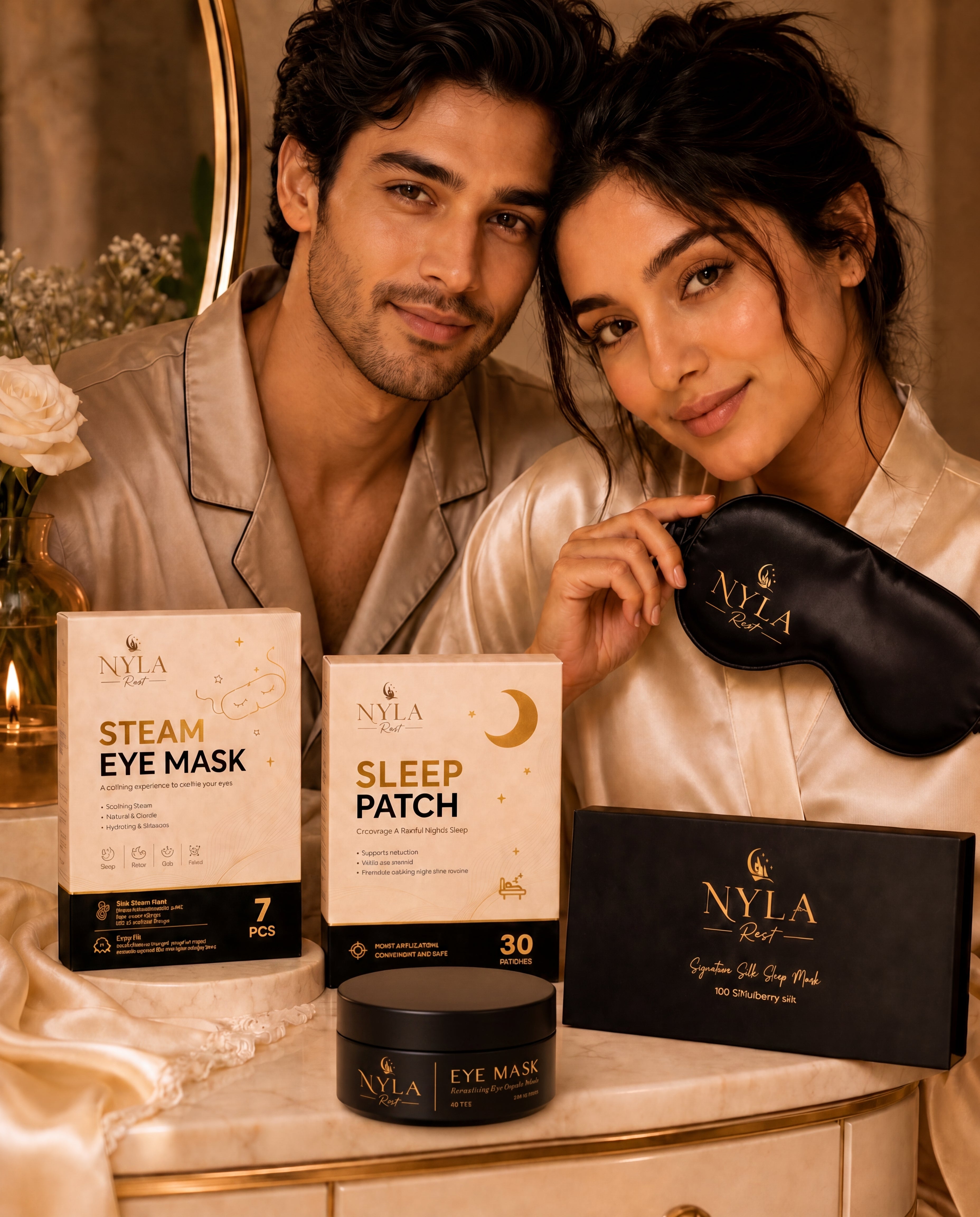 Nyla Rest night routine essentials with silk sleep mask, steam eye mask, sleep patches and under eye masks.