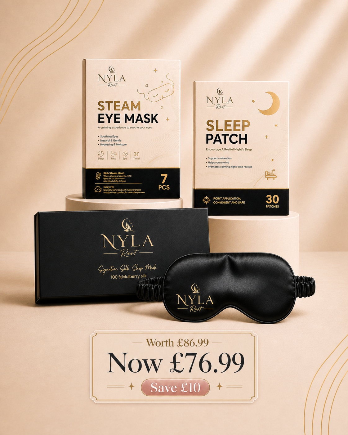 Nyla Rest Deep Rest sleep set with silk sleep mask, steam eye mask and sleep patches on a beige background with price tag