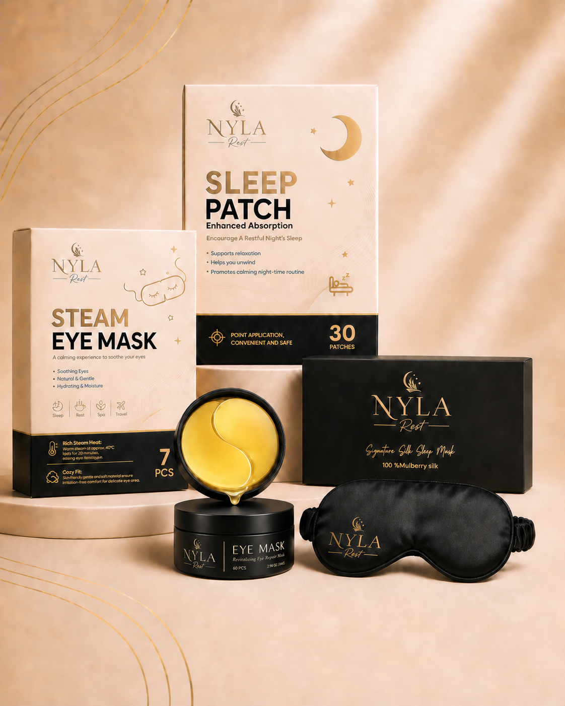 NYLA Rest products on beige backgound