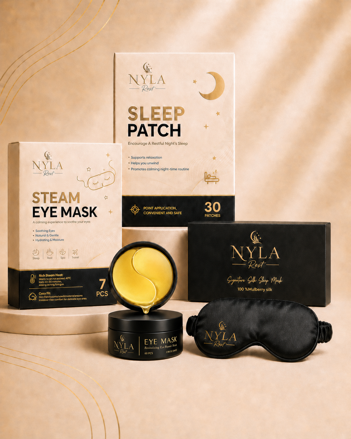 Nyla Rest luxury night ritual set with steam eye mask, sleep patches, under eye masks and silk sleep mask on a beige background