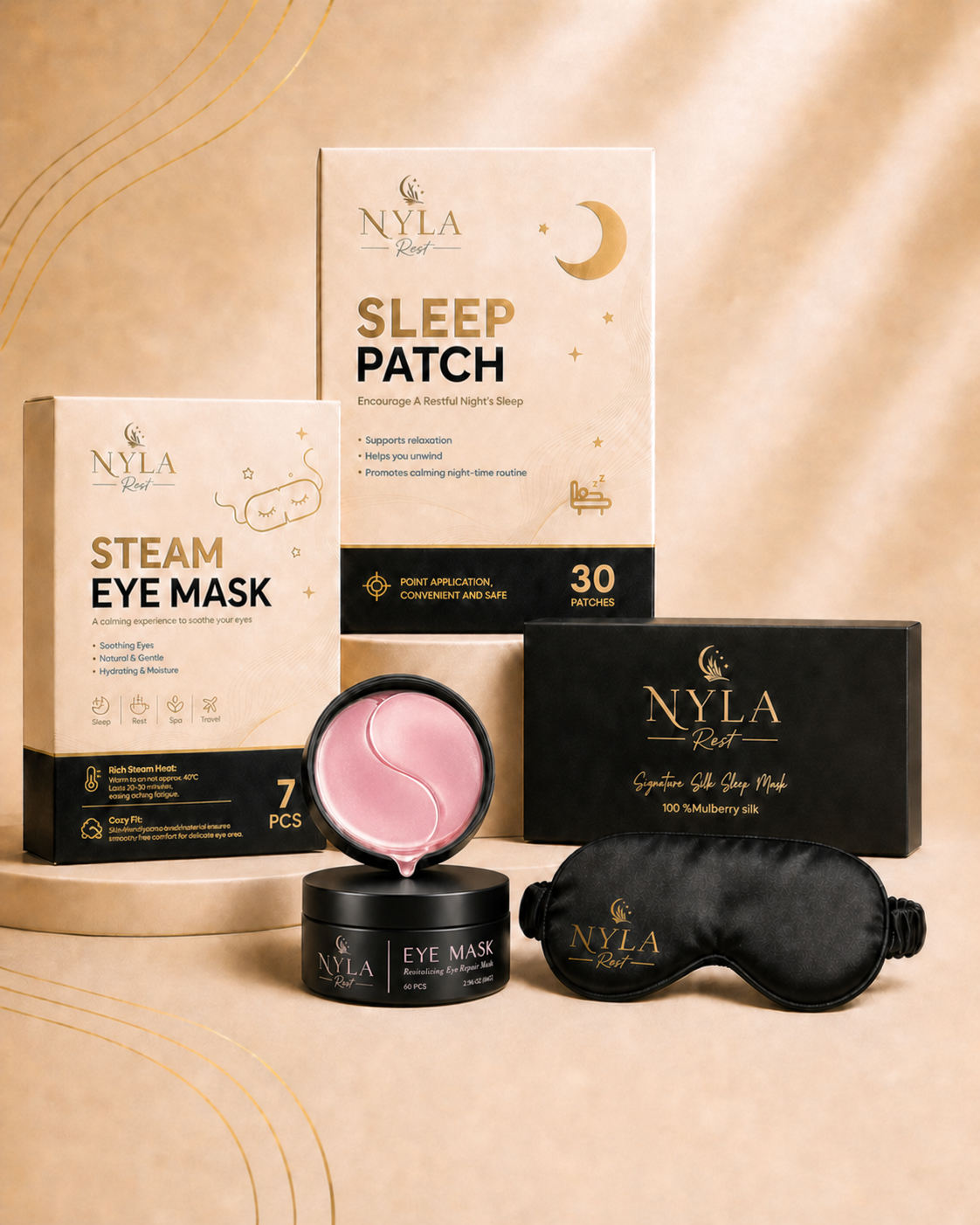 Nyla Rest luxury night ritual set with steam eye mask, sleep patches, under eye masks and silk sleep mask on a beige background