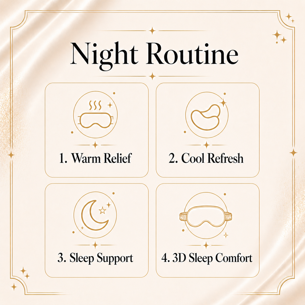 Nyla Rest night routine guide featuring heat eye mask, under eye masks, sleep patches and 3D mulberry silk sleep mask for a relaxing bedtime ritual.