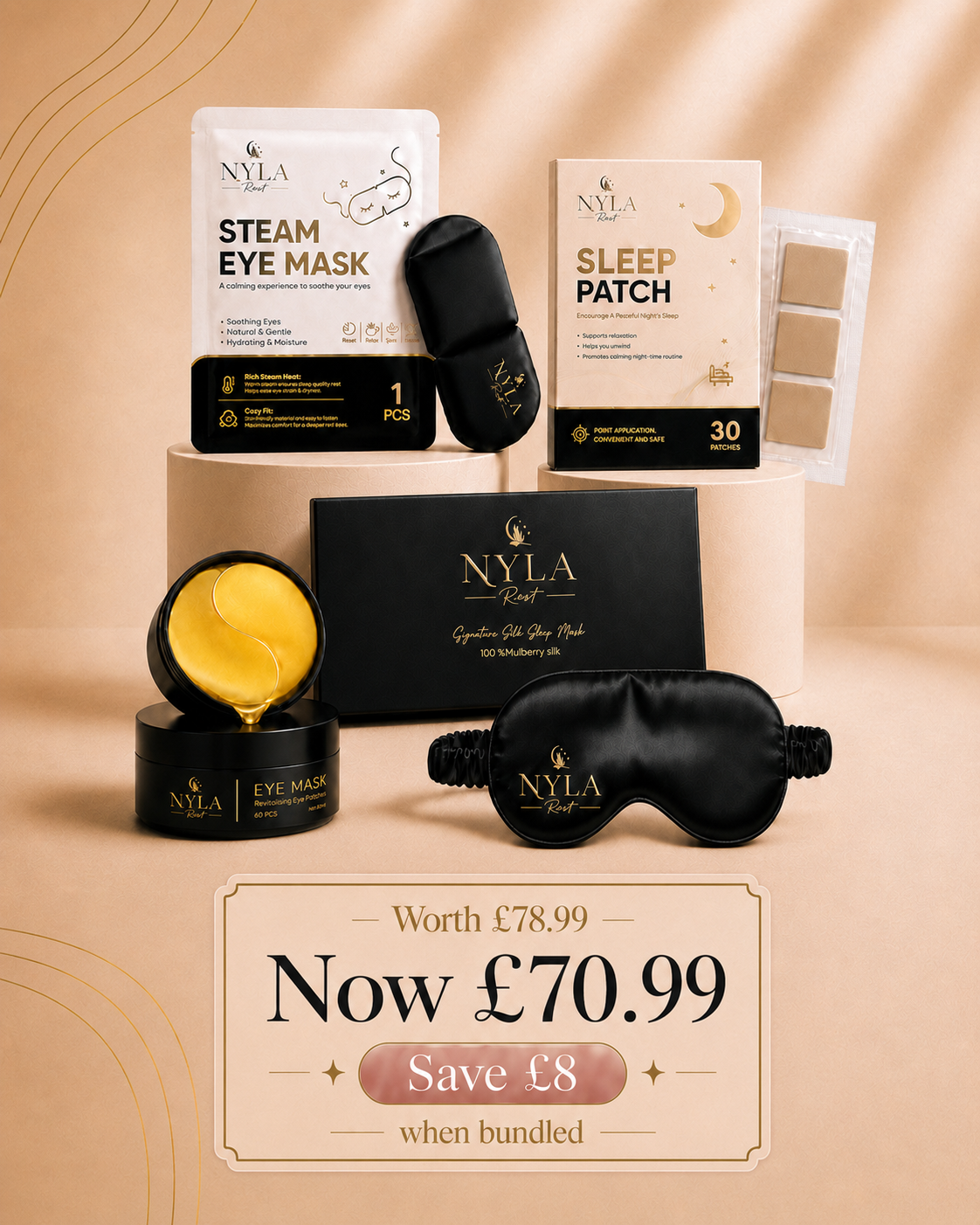 Nyla eye mask and sleep patch set on a beige background with promotional text.