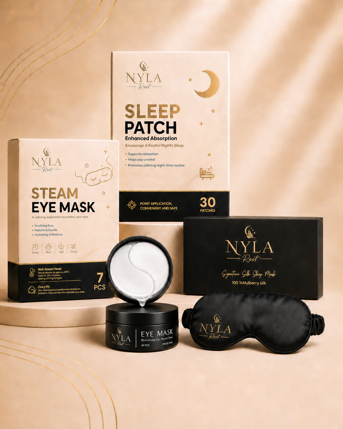NYLA Rest products on beige backgound