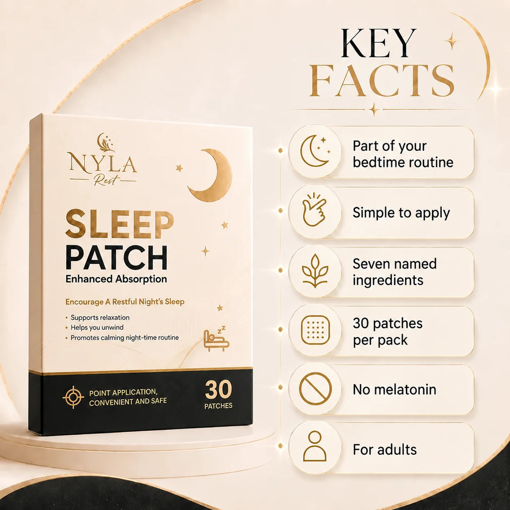 Nyla Rest Sleep Patch box, 30 patches, beside a Key Facts panel: part of your bedtime routine, simple to apply, seven named ingredients, 30 patches per pack, no melatonin, for adults