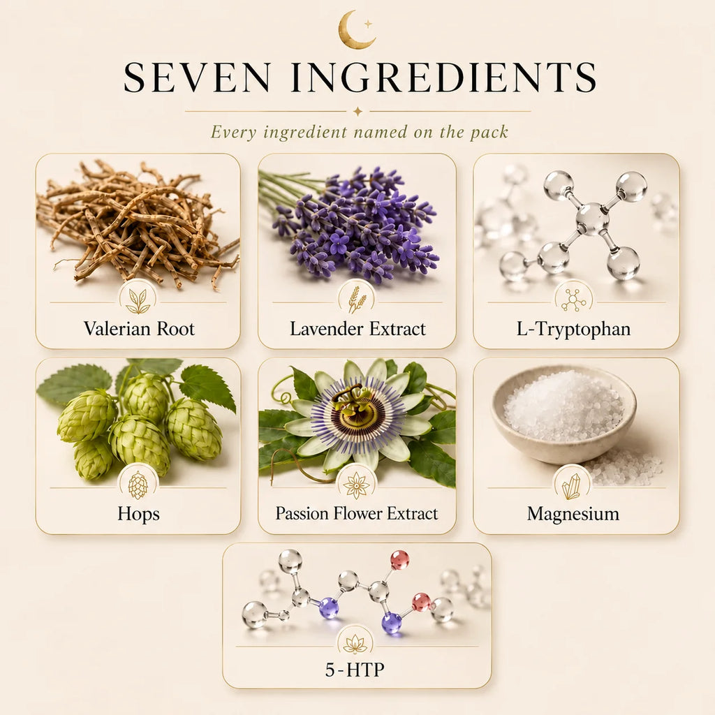 Photo grid of the seven Nyla Rest Sleep Patch ingredients: Valerian Root, Lavender, L-Tryptophan, Hops, Passion Flower, Magnesium and 5-HTP