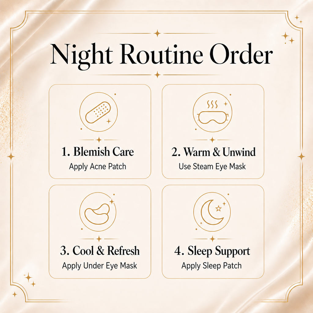 Nyla Rest Rest and Refresh Ritual Set with steam eye mask, sleep patches, acne patches and under eye masks night routine order