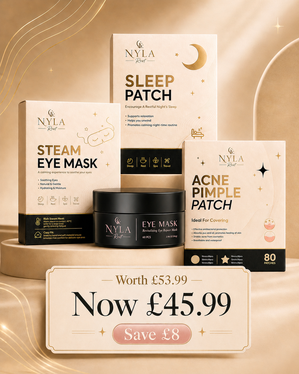 Nyla Rest Rest and Refresh Ritual Set with steam eye mask, sleep patches, acne patches and under eye masks price tag   