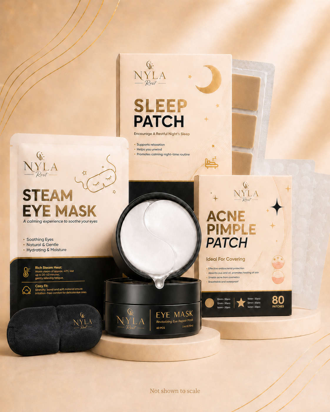 Nyla Rest Rest and Refresh Ritual Set with steam eye mask, sleep patches, acne patches and under eye masks.