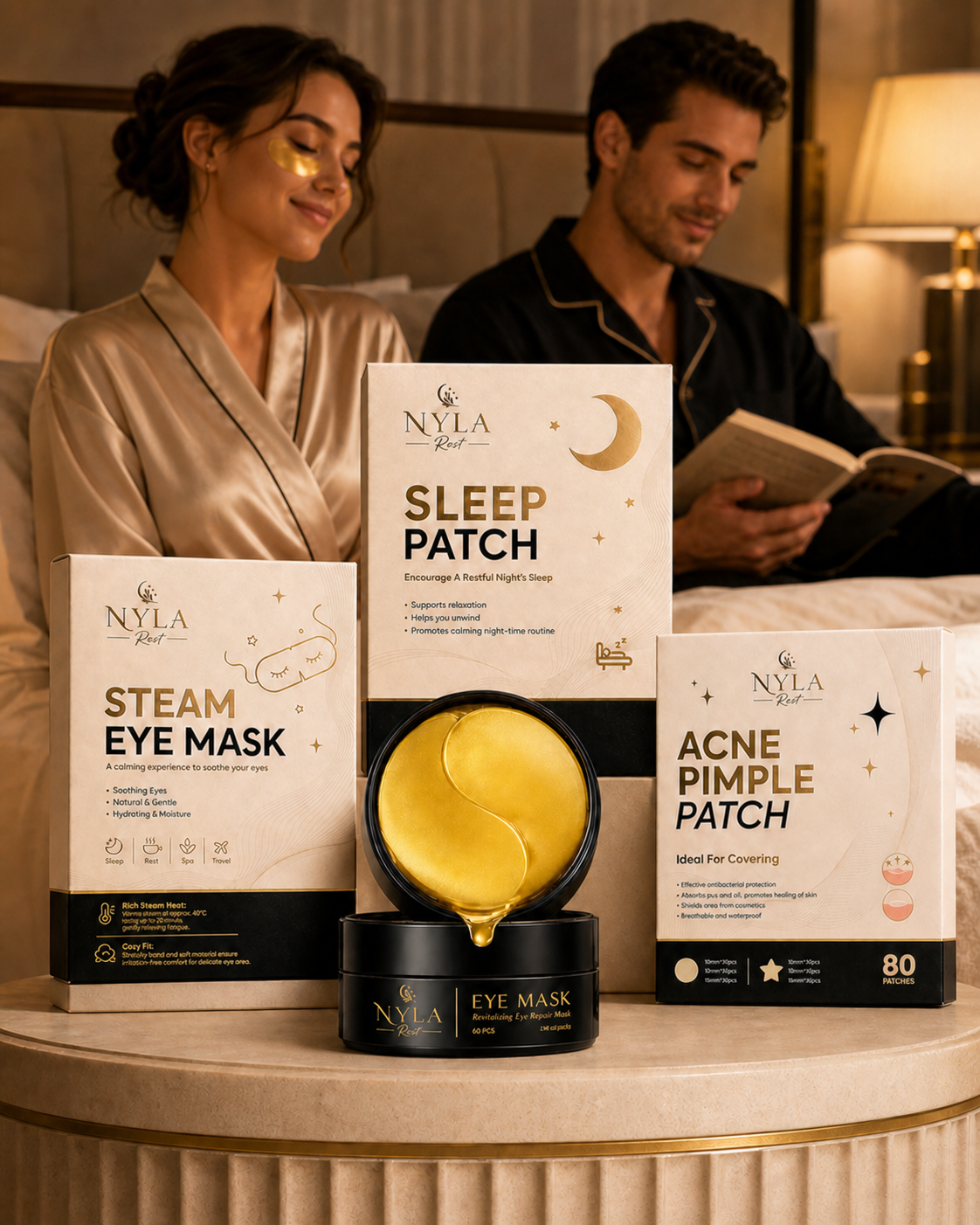 Nyla skincare products including sleep patches, steam eye masks, under eye mask and acne pimple patches on a table with a couple in the background.