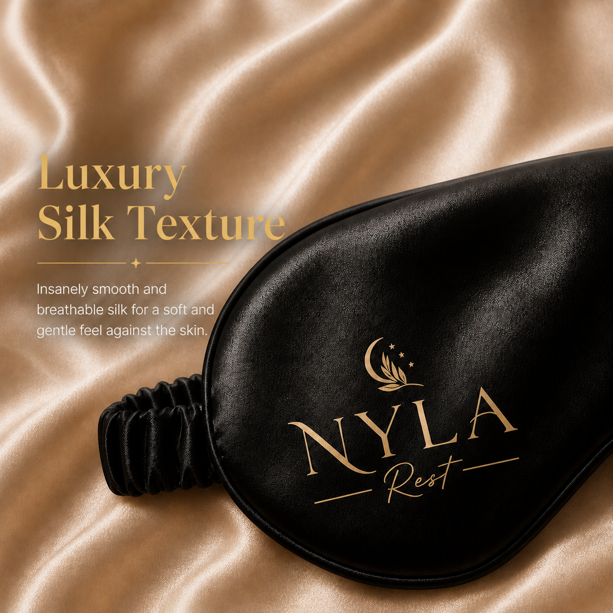 Nyla Rest black mulberry silk sleep mask with luxury silk texture.