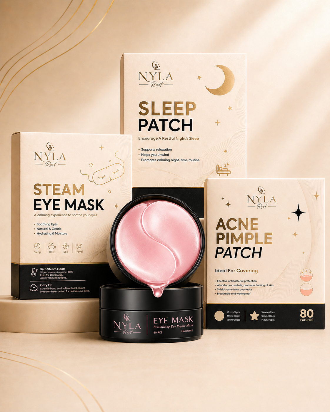 Nyla Rest Rest and Refresh Ritual Set with steam eye mask, sleep patches, acne patches and under eye masks.