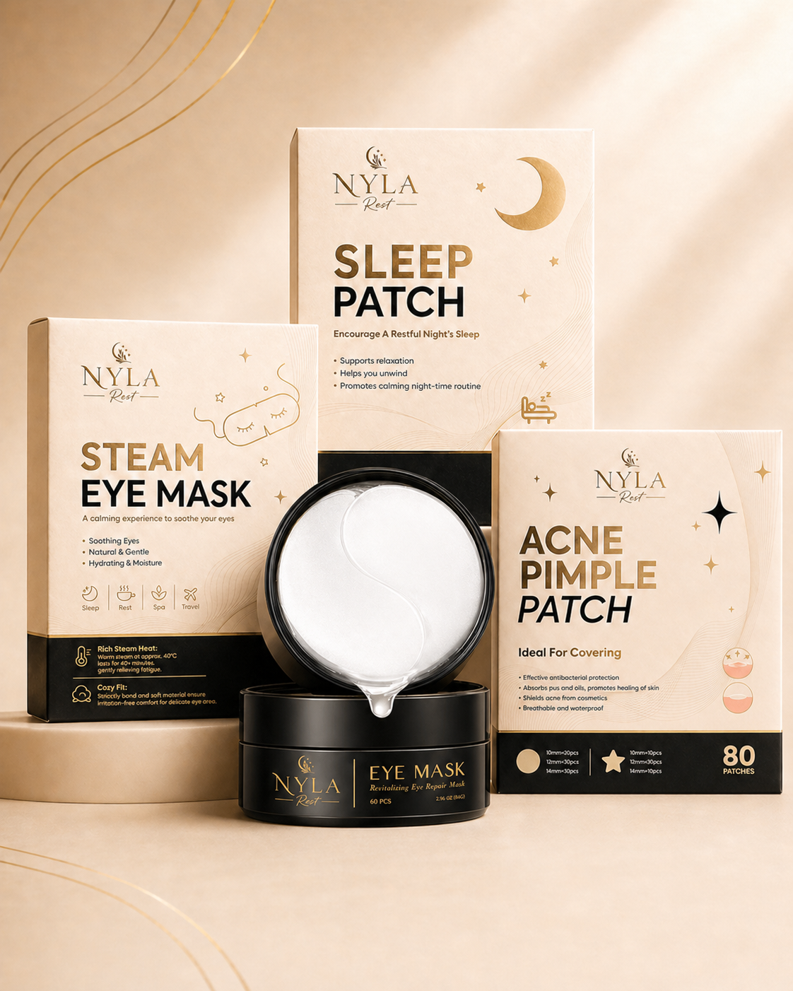 Nyla Rest Rest and Refresh Ritual Set with steam eye mask, sleep patches, acne patches and under eye masks.