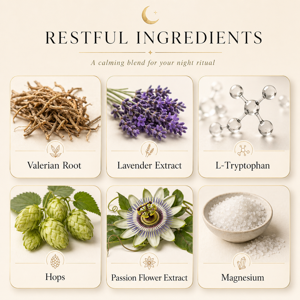 Illustration of restful ingredients for a night ritual including Valerian Root, Lavender Extract, L-Tryptophan, Hops, Passion Flower Extract, and Magnesium.