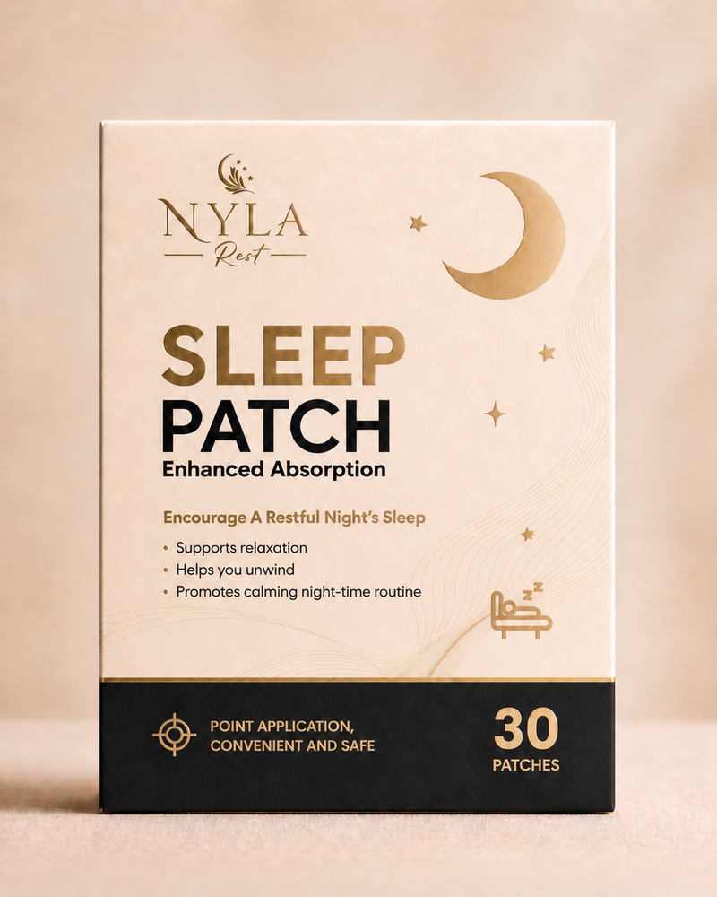 Nyla Rest Sleep Patch box, 30 patches, featuring a beige and black design with gold accents and illustrations of a crescent moon and stars.