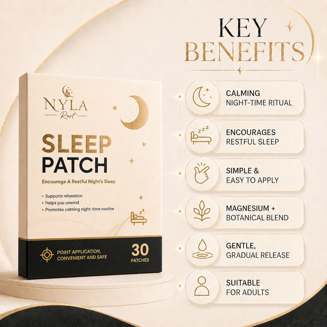 Nyla Rest Sleep Patch packaging with key benefits listed on a beige background